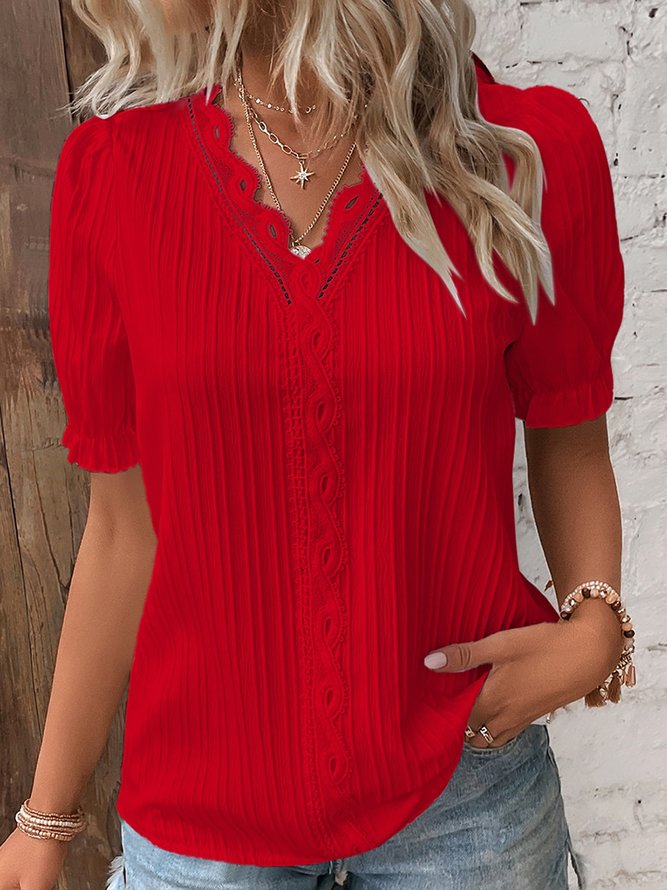 V-Ausschnitt Unifarben Spitze Elegant Bluse