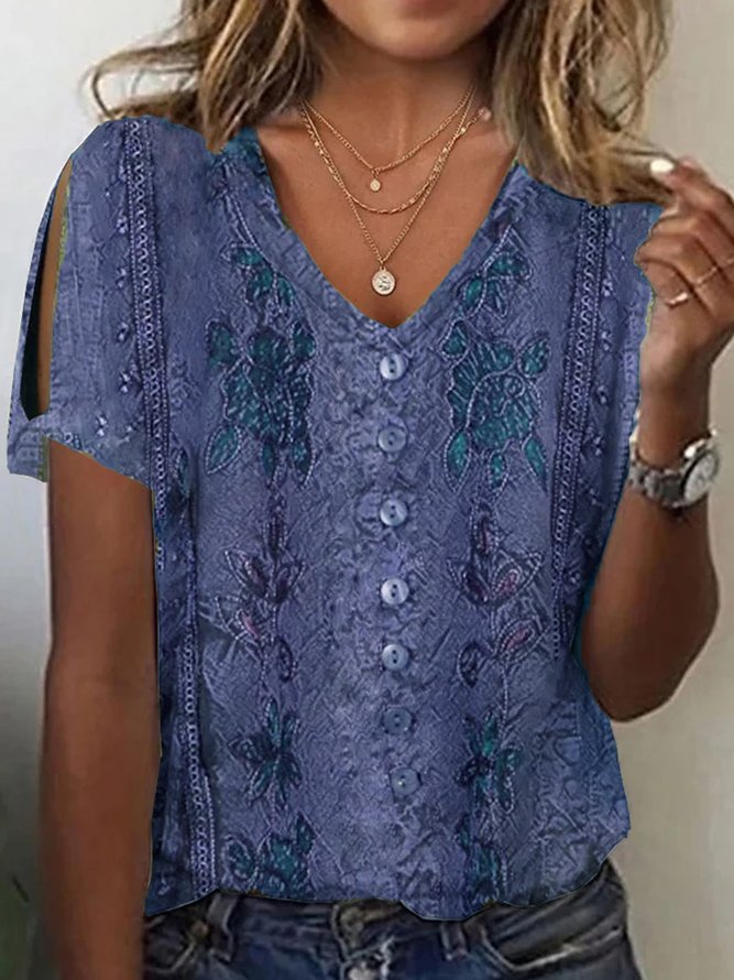Lässige V-Ausschnitt Bluse mit Blumenprint Freizeitbluse