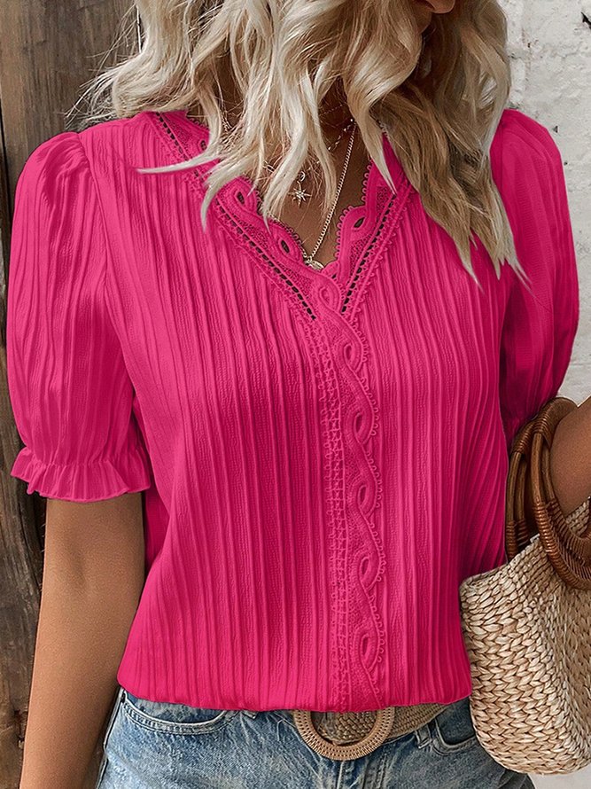 V-Ausschnitt Unifarben Spitze Elegant Bluse
