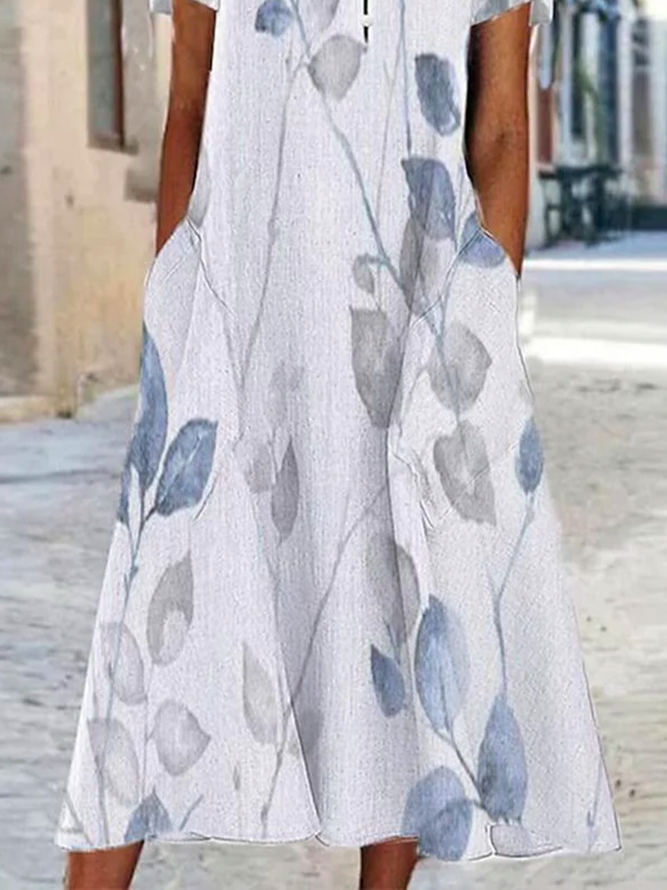 Weit Lässig Blätter V-Ausschnitt Kleid