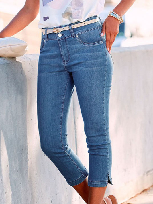 Regelmäßige Passform Lässig Unifarben Denim Jeans (Gürtel nicht enthalten)