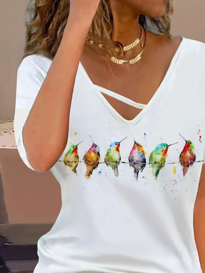 Vogel Print Lässig Jersey V-Ausschnitt T-Shirt