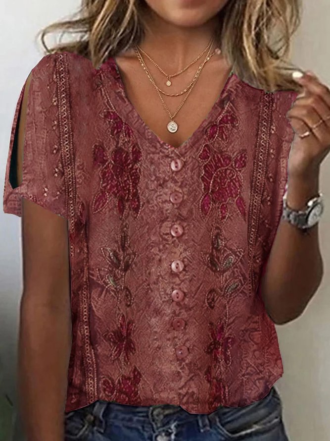 Lässige V-Ausschnitt Bluse mit Blumenprint Freizeitbluse