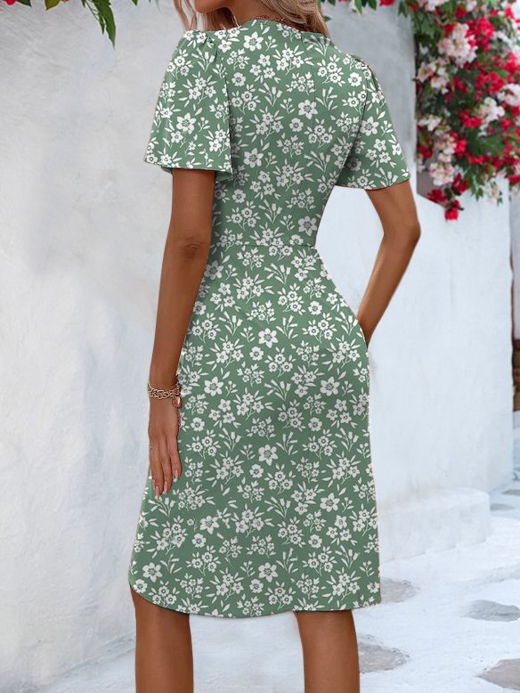 Böhmisch Regelmäßige Passform V-Ausschnitt Düster Geblümt Kleid