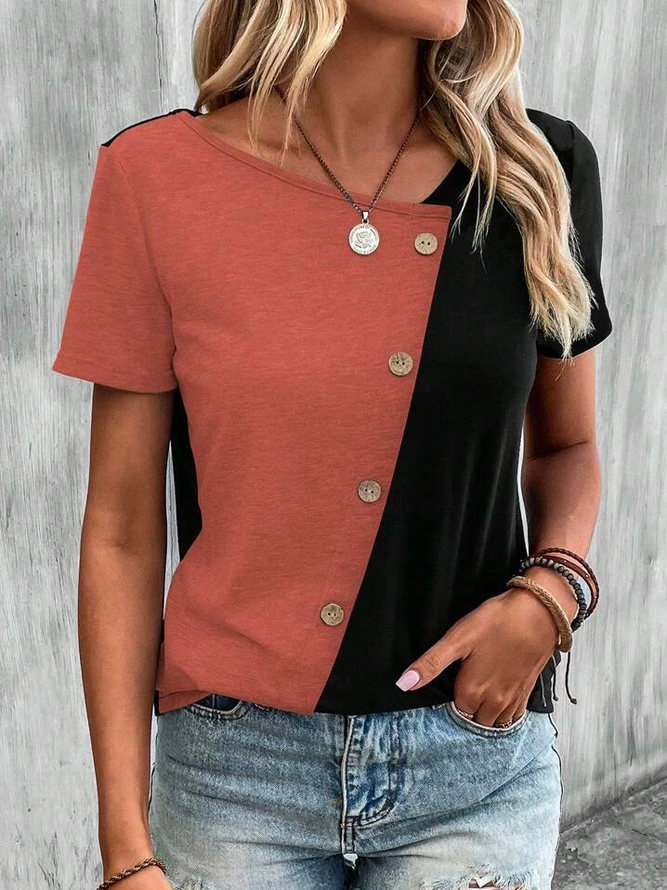 Lässig V-Ausschnitt Zwei Ton Knopf Vorderseite Farbblock T-Shirt