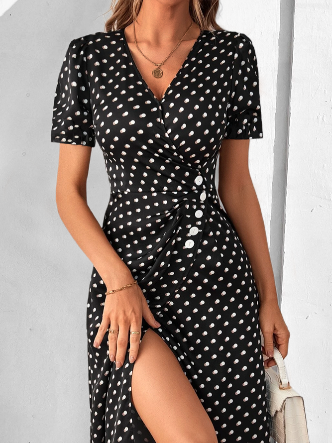 Geknöpft Polka Dots Urlaub V-Ausschnitt Kleid