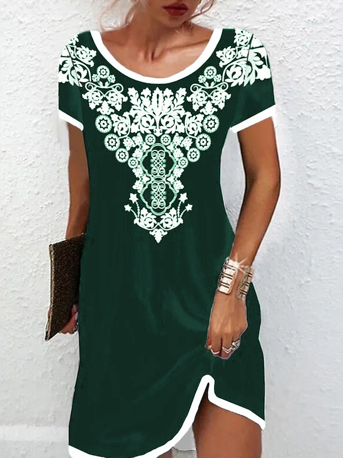 Ethnisch Regelmäßige Passform Lässig Rundhals Kleid