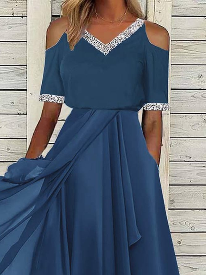 Glitzernd Lässig V-Ausschnitt Weit Kleid