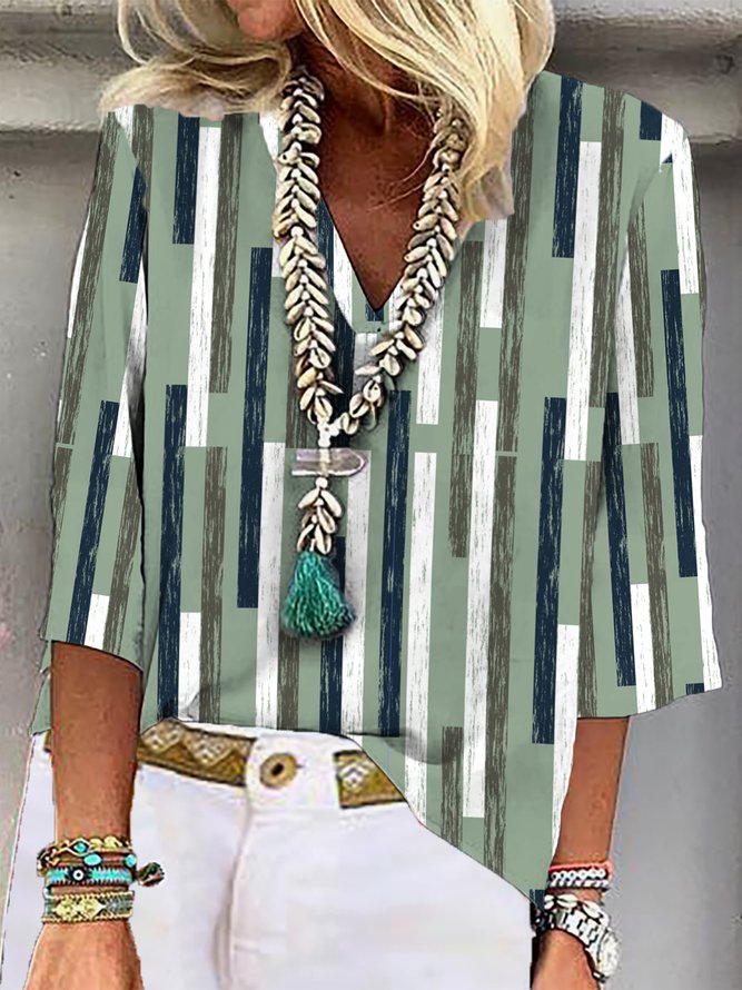 Lässig V-Ausschnitt Gestreift Print Bluse