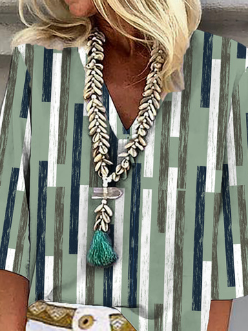 Lässig V-Ausschnitt Gestreift Print Bluse