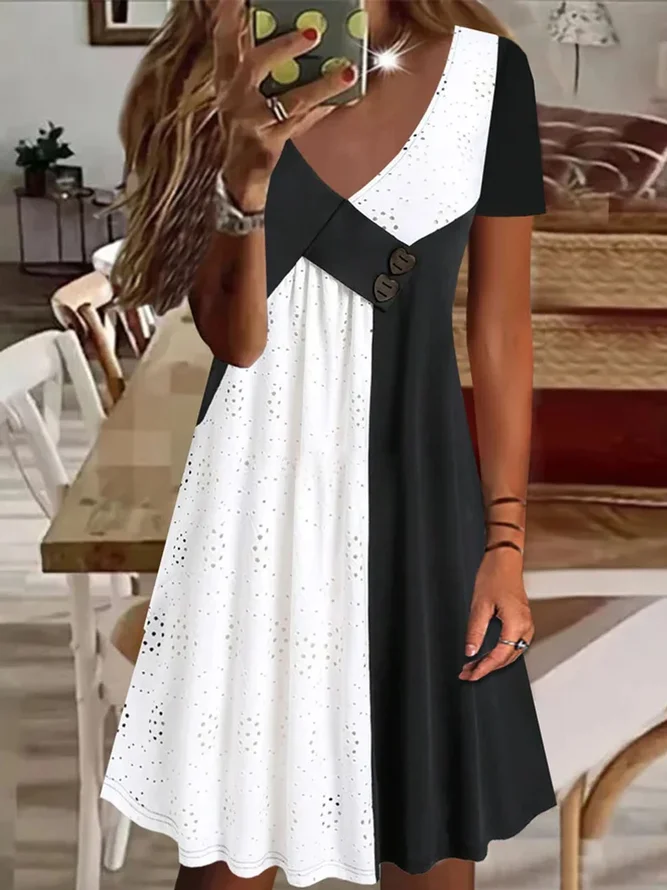 Schwarz-Weiß V-Ausschnitt Minikleid Sommerkleid