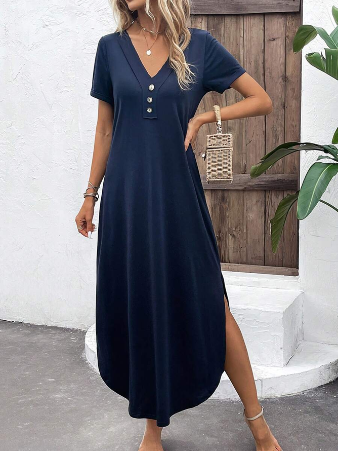 Unifarben Lässig Schnalle V-Ausschnitt Kleid mit Nein
