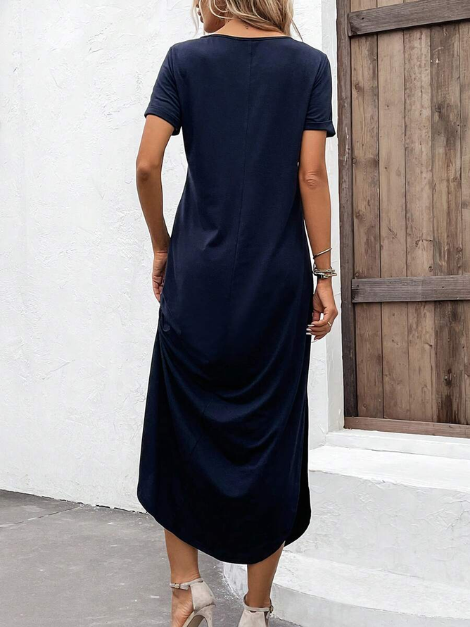 Unifarben Lässig Schnalle V-Ausschnitt Kleid mit Nein