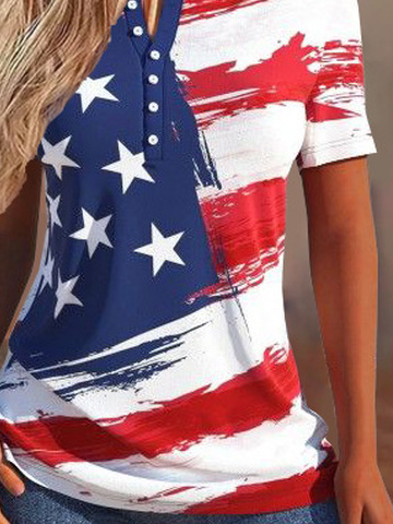Lässig Weit Rundhals Amerika-Flagge Bluse