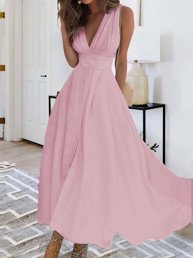 V-Ausschnitt Weit Unifarben Elegant Kleid
