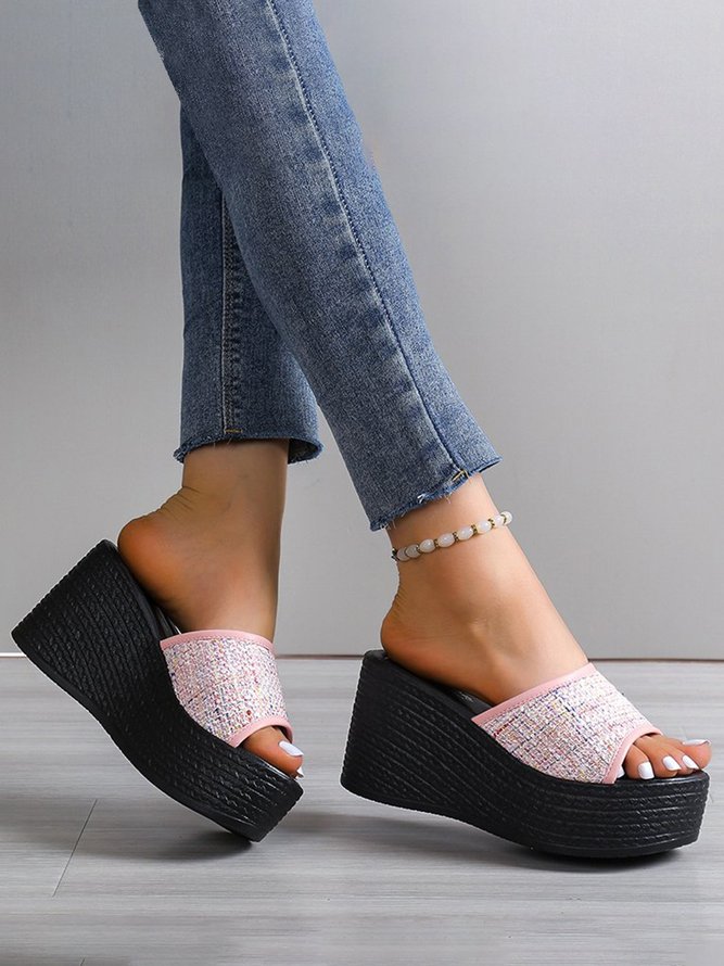 Mehrfarbig Wolle Gewebe Plateau Keilsandalette