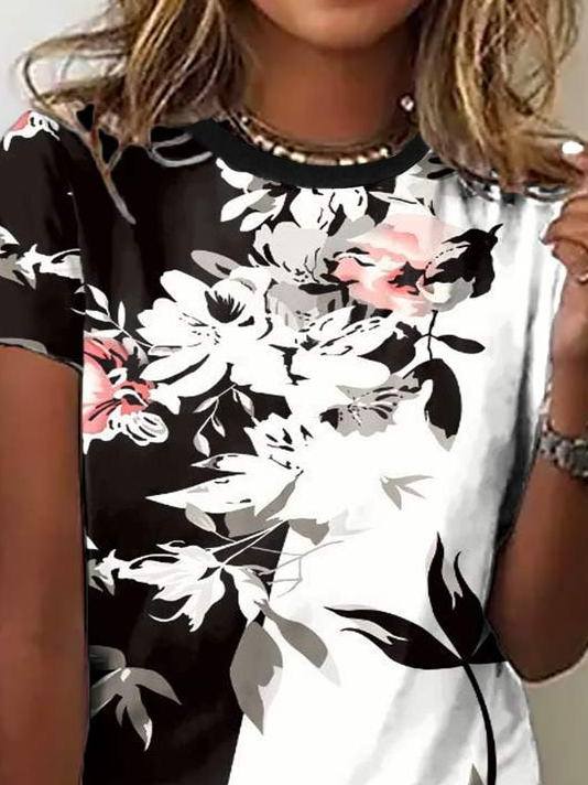Rundhals Weit Lässig Geblümt T-Shirt