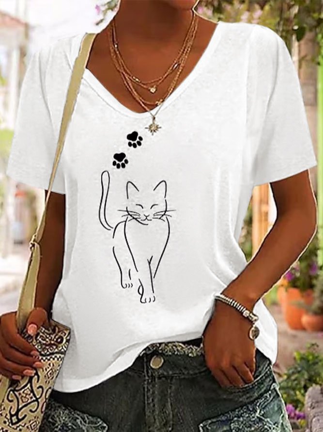 Lässig V-Ausschnitt Baumwolle Katze T-Shirt