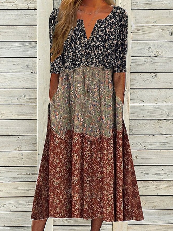Geblümt Lässig Gekerbt Weit Maxikleid
