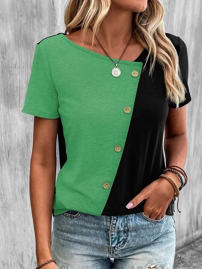 Lässig V-Ausschnitt Zwei Ton Knopf Vorderseite Farbblock T-Shirt