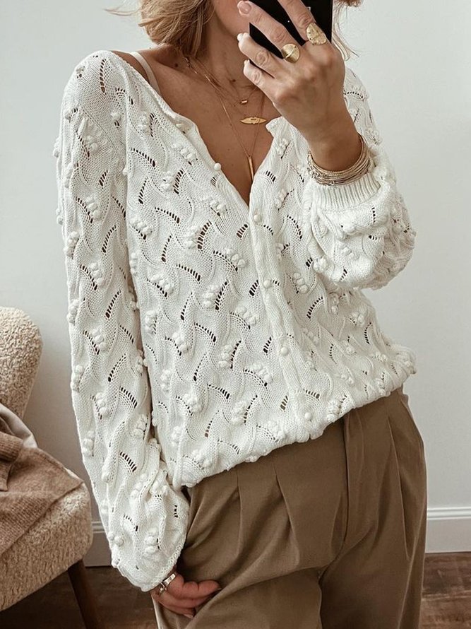 Unifarben Weit V-Ausschnitt Lässig Strickjacke