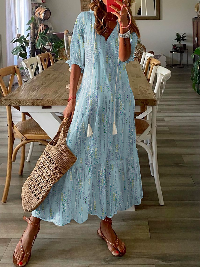 V-Ausschnitt Lässig Abstrakt Print Maxikleid
