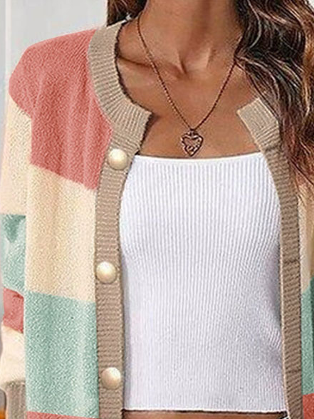 Weit Farbblock Geknöpft Lässig Strickjacke