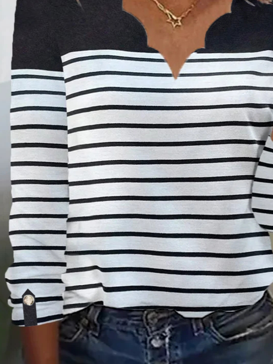 Gestreift Lässig Weit V-Ausschnitt Shirt