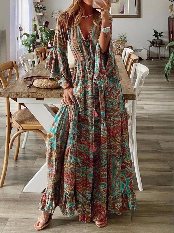 Elegant Urlaub Abstrakt Muster Ausgestellt Rüsche Lang Kleid V-Ausschnitt Kleid