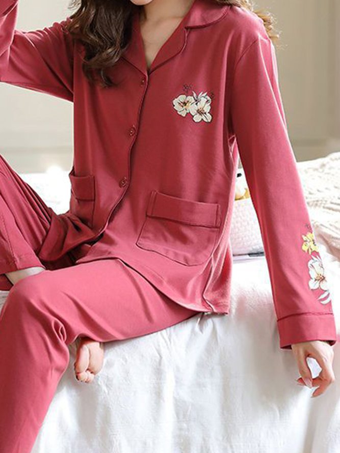 Schalkragen Weit Baumwolle Normale Ärmel Elegant Pyjama Set