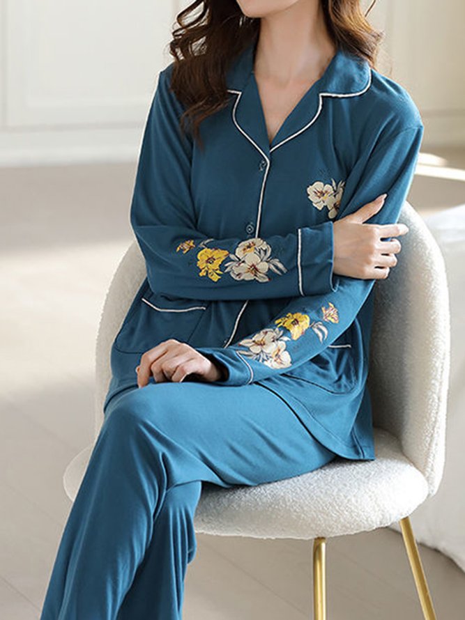 Schalkragen Weit Baumwolle Normale Ärmel Elegant Pyjama Set