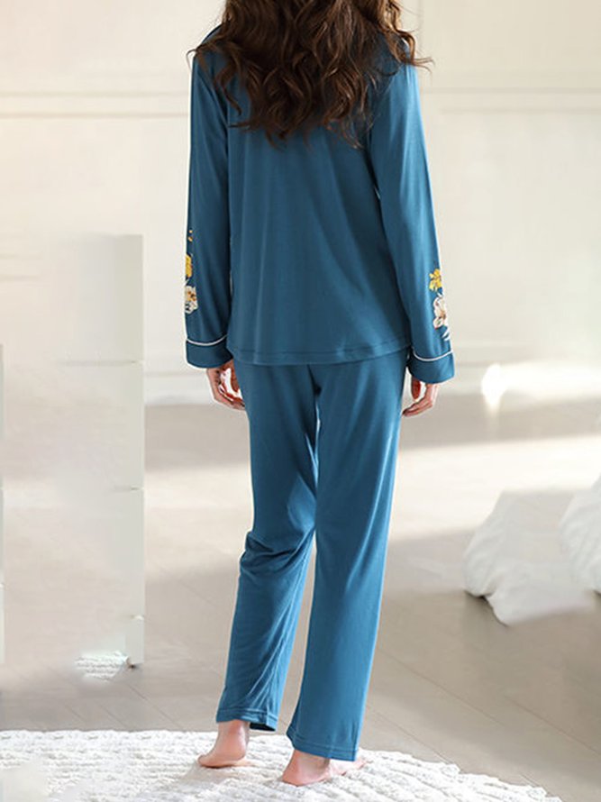 Schalkragen Weit Baumwolle Normale Ärmel Elegant Pyjama Set