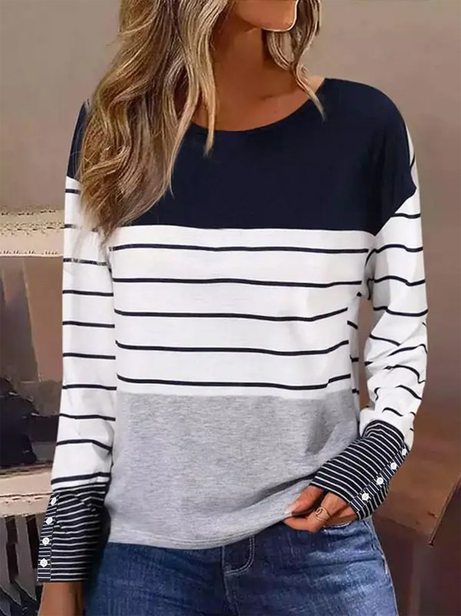 Gestreift Geknöpft Lässig T-Shirt