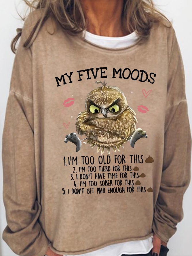 Damen 5 fünf Stimmung Briefe Eule Lässig Sweatshirt