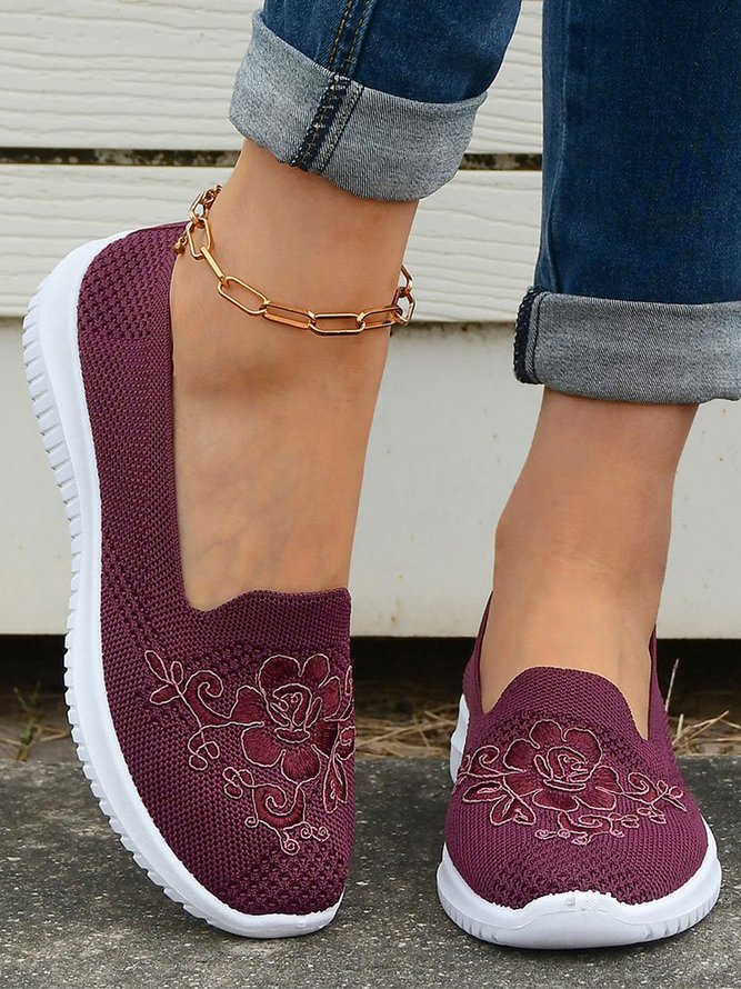 Geblümt Stickerei Atmungsaktiv Flyknit Slip On Sneakers
