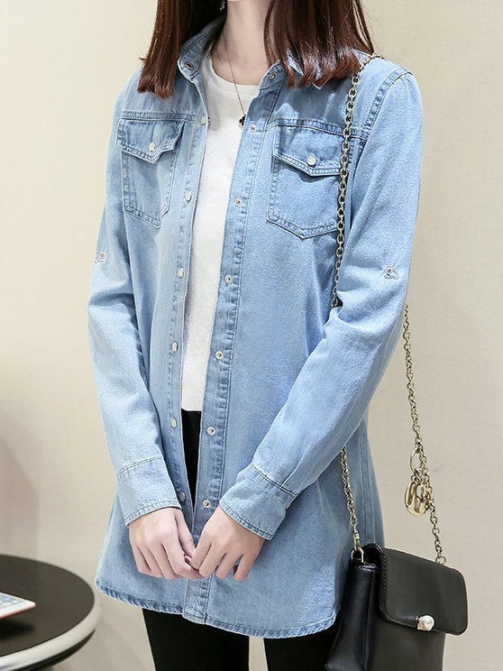 Unifarben Langarm Lässig Schnalle Taschen Denim Mantel
