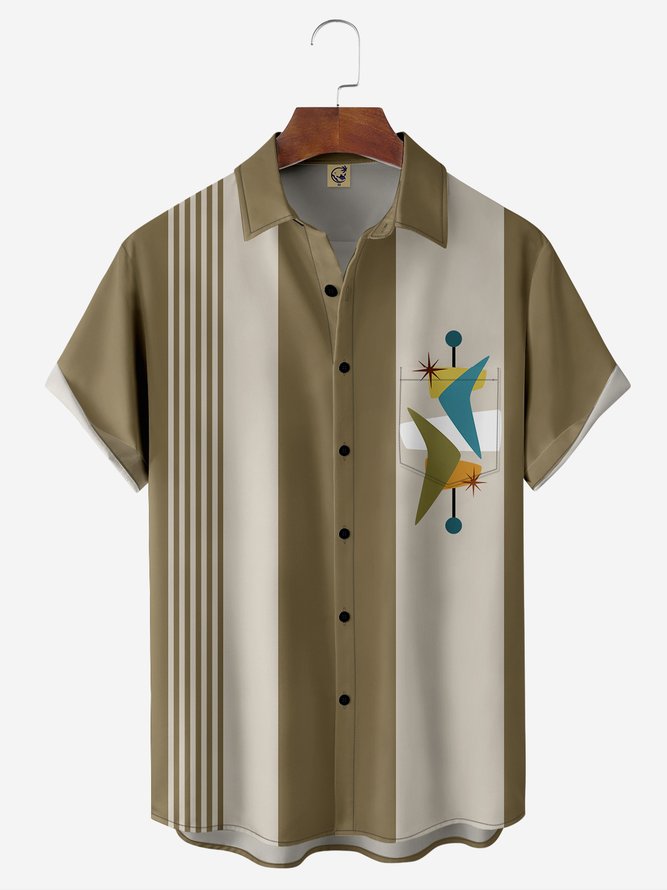 Herren Abstrakt Lässig Sommer Polyester Leicht Regelmäßig H-Linie Hemdkragen Tasche Patchwork Bowling-Shirts