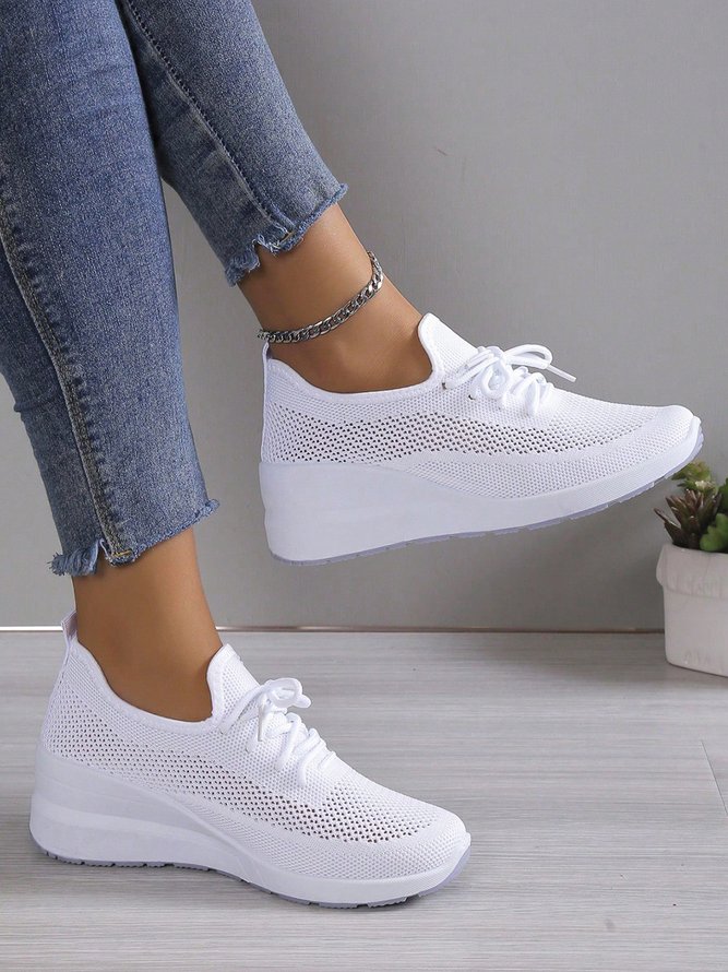 Lässig Schnürung Dekor Atmungsaktiv Flyknit Keilabsatz Slip On Sneakers