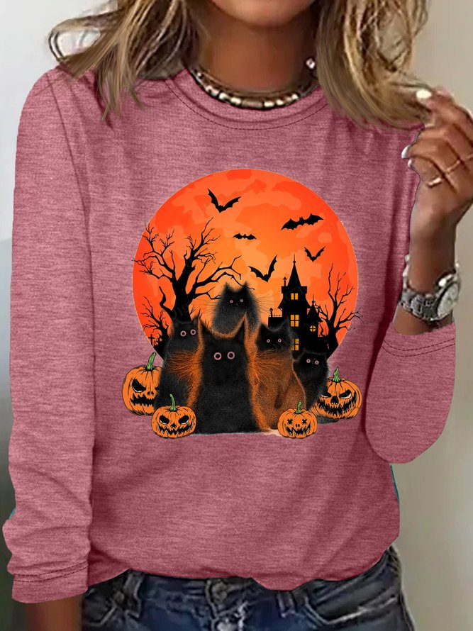 Damen Halloween Schwarz Katzen Kürbis Rundhals Lässig Bluse