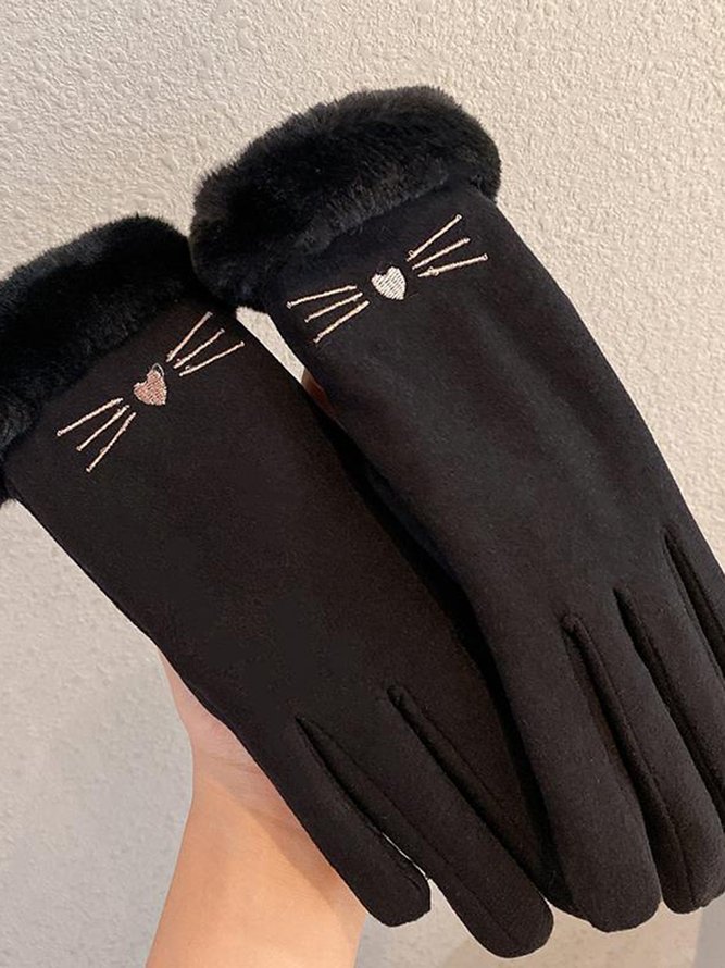 Katze Gesicht Stickerei Schleife Knoten Pelz Revers Warm Elegant Damen Handschuhe