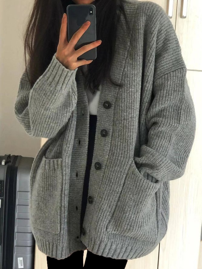 Lässig Unifarben Schnalle Taschen Langarm Strickjacke