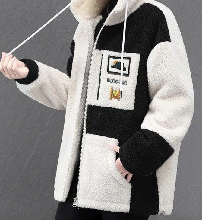 Farbblock Langarm Fluff/Granular-Fleece-Stoff Lässig Kapuze Teddy Jacke