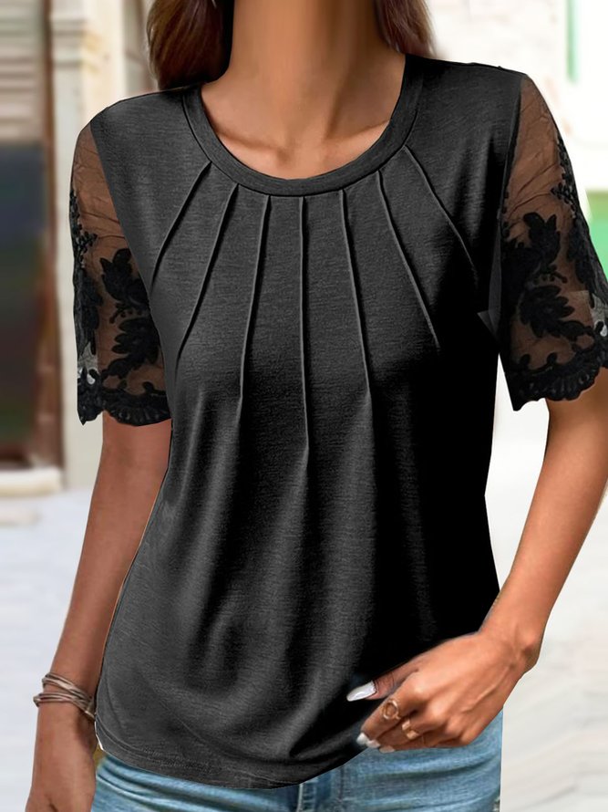 Unifarben Lässig Patchwork Spitze Bluse