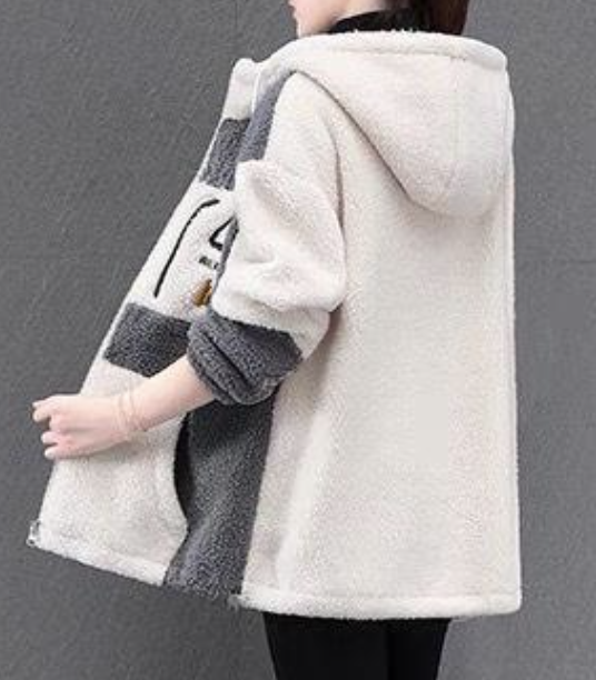 Farbblock Langarm Fluff/Granular-Fleece-Stoff Lässig Kapuze Teddy Jacke