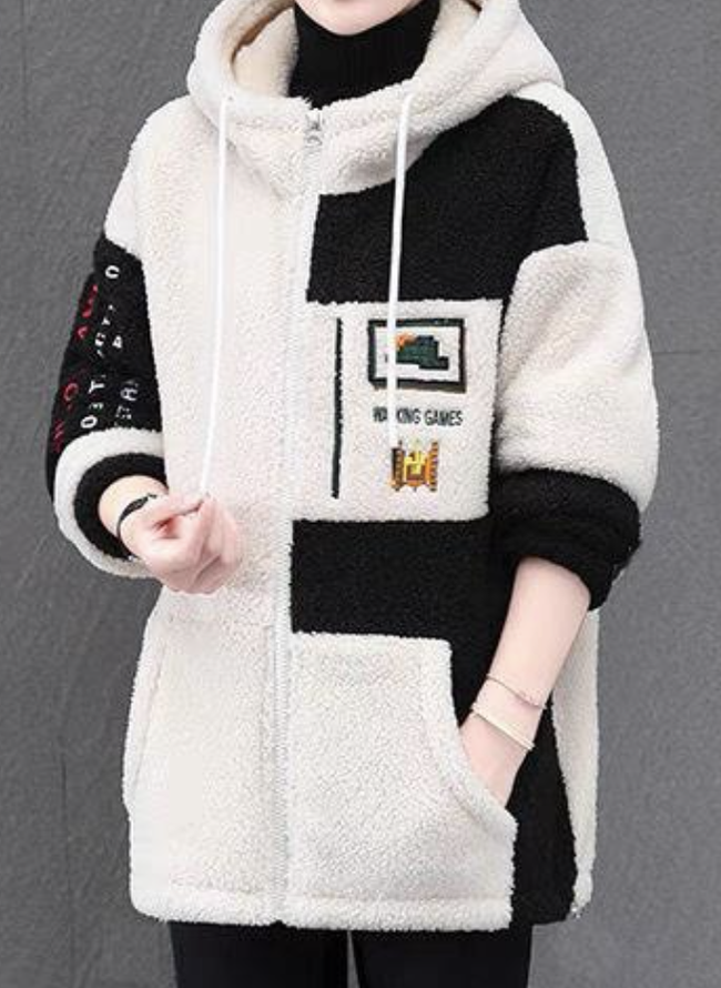 Farbblock Langarm Fluff/Granular-Fleece-Stoff Lässig Kapuze Teddy Jacke