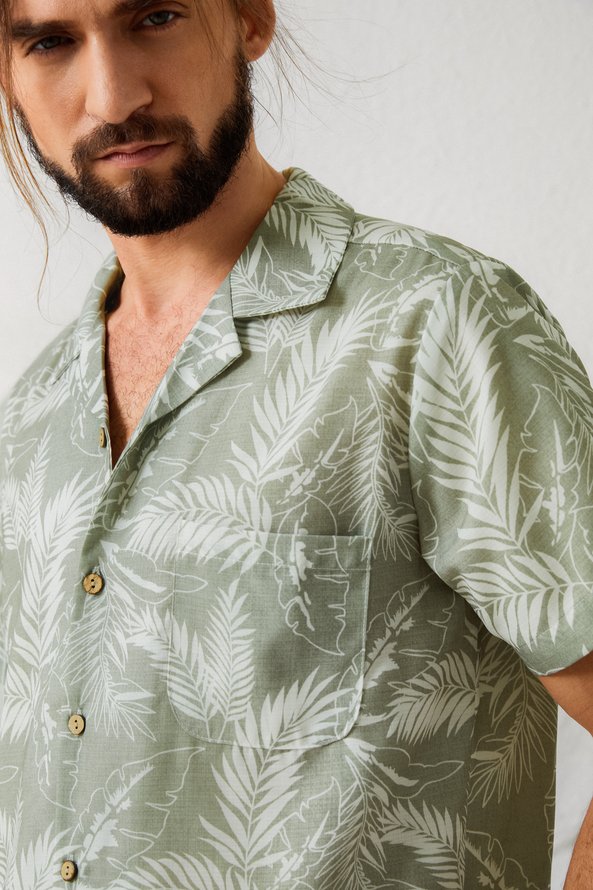 Herren Unifarben Baumwolle Leinen Palme Blätter Weit Kurzarm Bluse