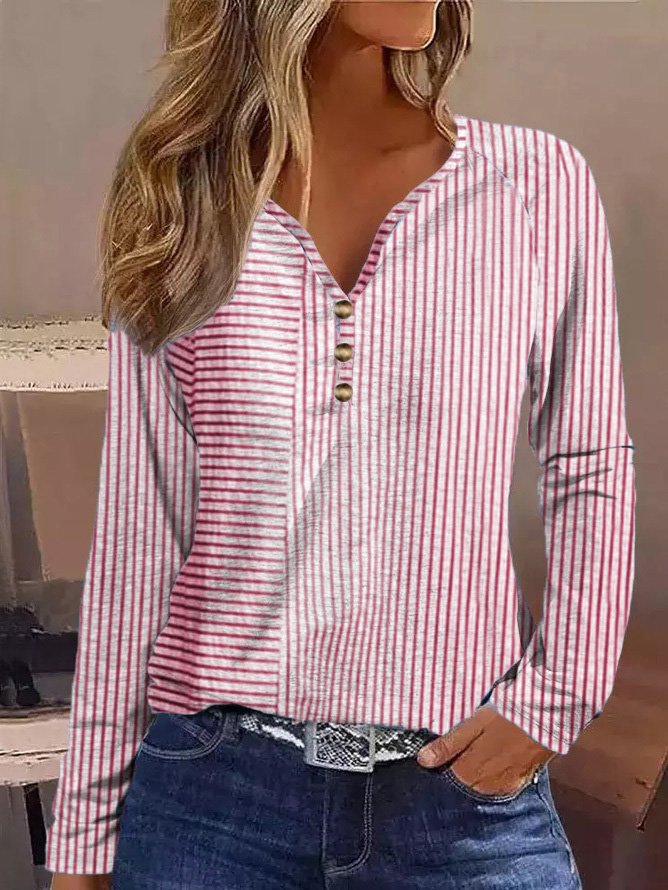 Lässig Gestreift Weit V-Ausschnitt T-Shirt