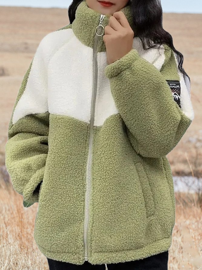 Lässig Farbblock Teddy Jacke