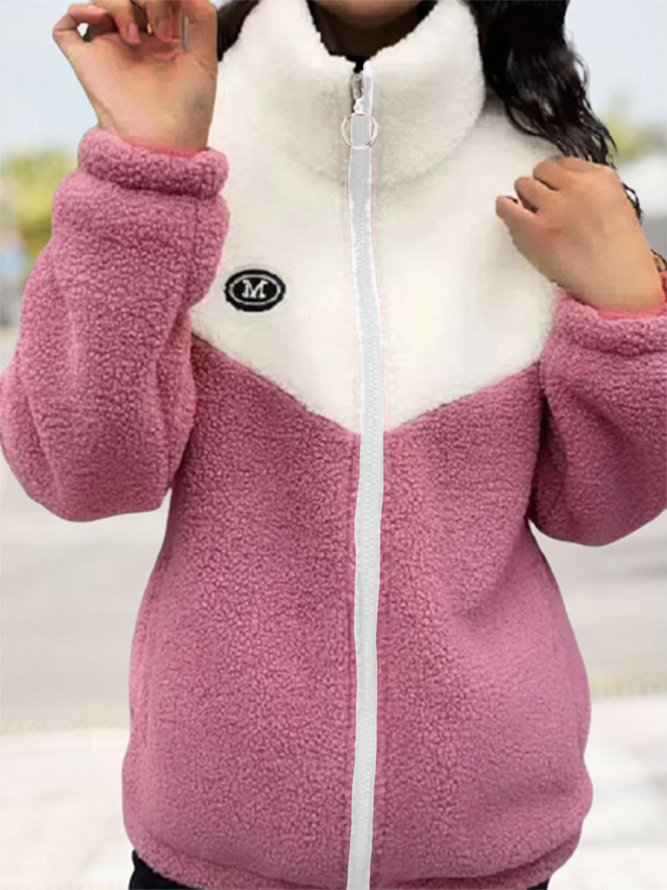 Farbblock Langarm Reißverschluss Taschen Vlies Stoff Lässig Teddy Jacke