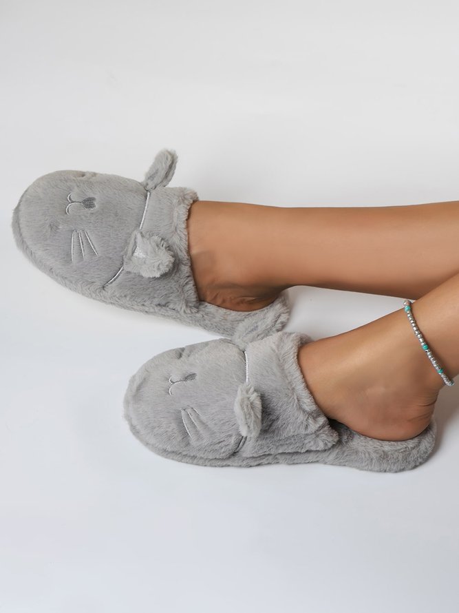 Kartoon Katze Design Stickerei Slip-On Flauschig Zuhause Pantoletten